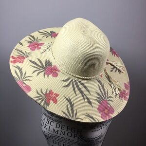 Karen Keith pink hibiscus pattern hat wide brim plaited rim detail 17 1/2” rim